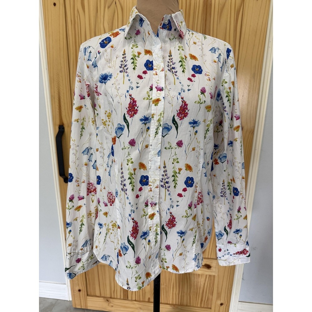 Brookshire‎ Blouse Womens 40 White Floral Button Front Collared Cotton Shirt